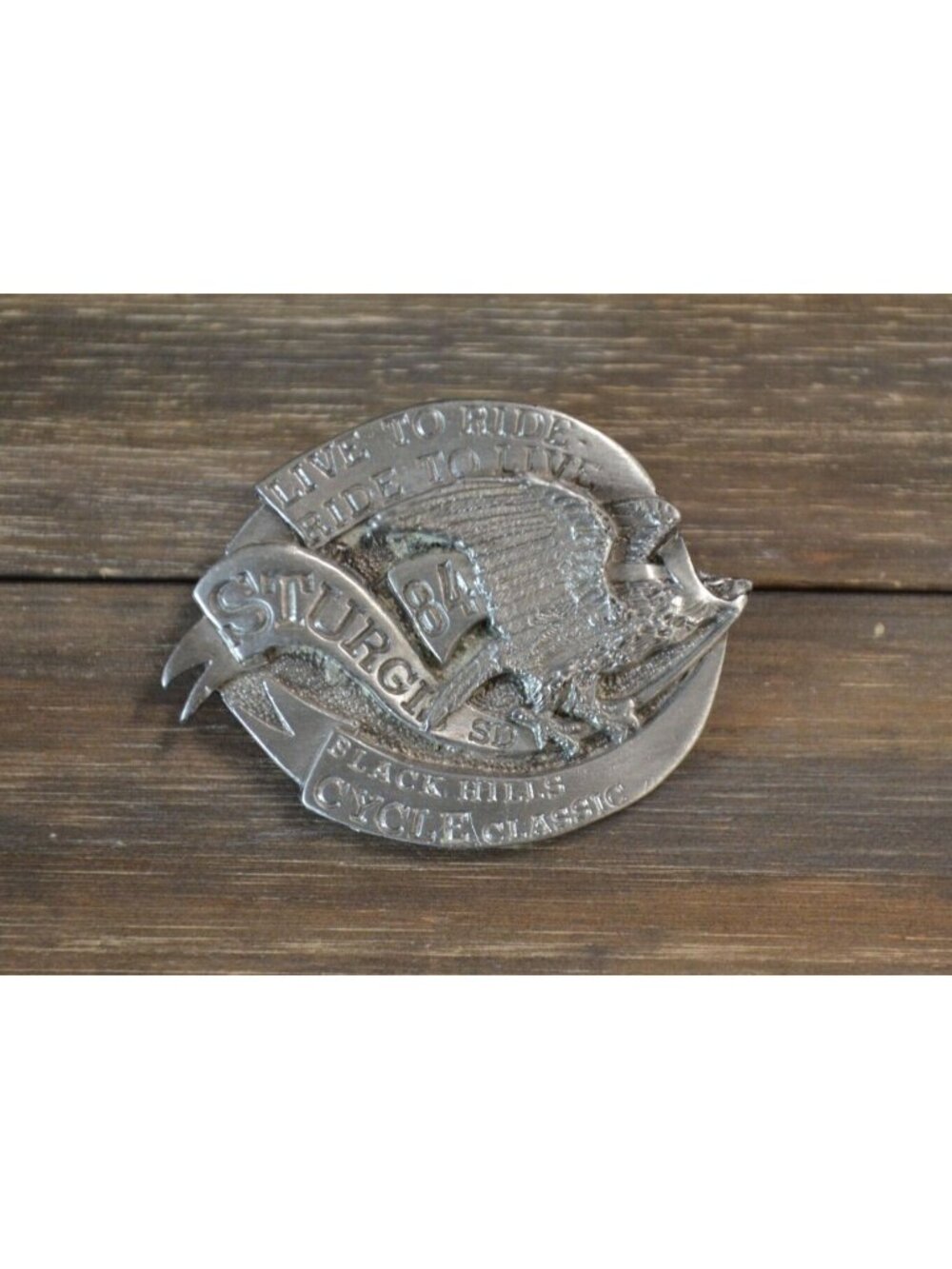 1984 Pewter Motorcycle Pin Sturgis SD Rally Hill Live Ride Eagle Banner Vintage